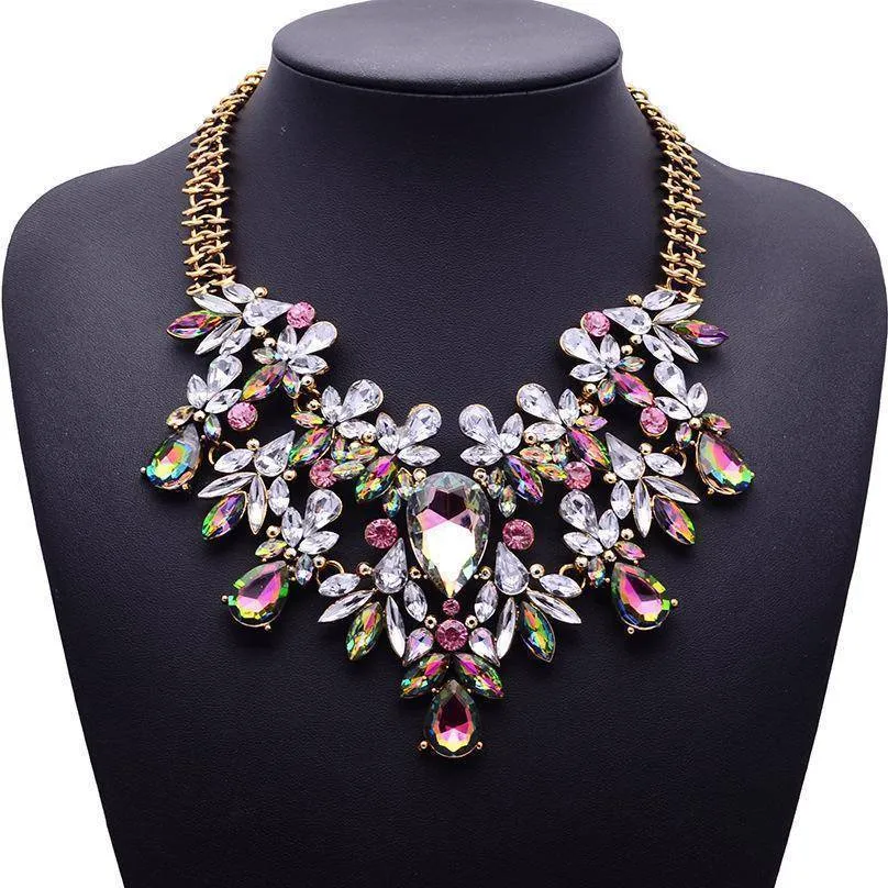 Luxury Statement Colorful Flower Boho Maxi Gem Necklace Gem