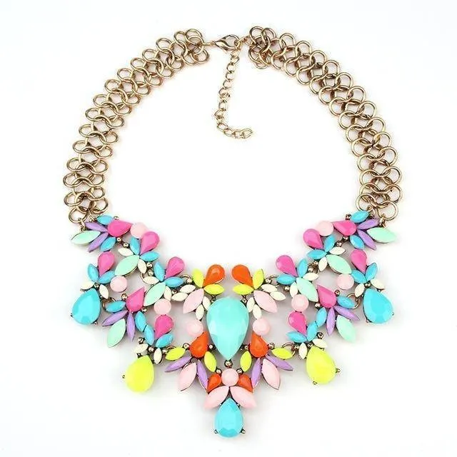 Luxury Statement Colorful Flower Boho Maxi Gem Necklace Gem