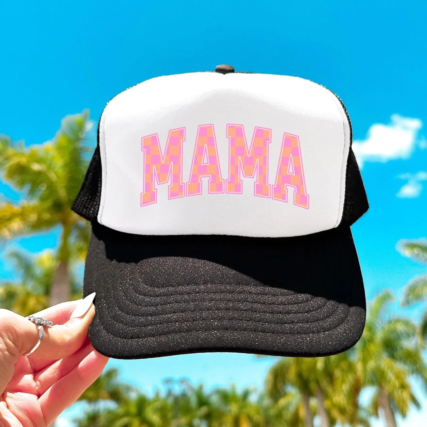 Mama Trucker Hat for Women Trendy Orange & Pink Checkered Foam Front Classic 5 Panel Mesh Snapback