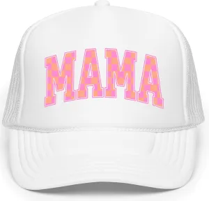 Mama Trucker Hat for Women Trendy Orange & Pink Checkered Foam Front Classic 5 Panel Mesh Snapback