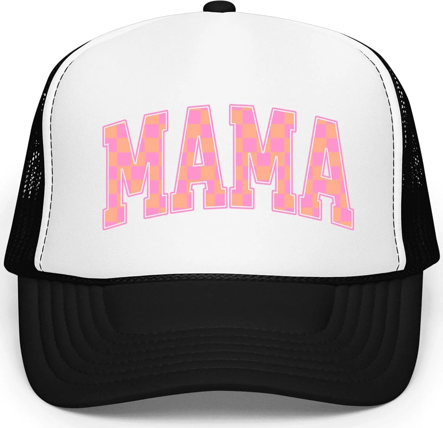 Mama Trucker Hat for Women Trendy Orange & Pink Checkered Foam Front Classic 5 Panel Mesh Snapback