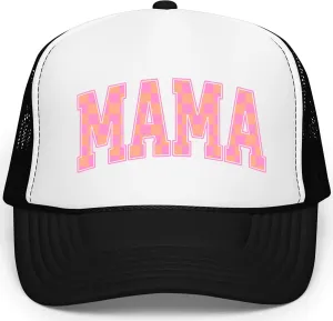 Mama Trucker Hat for Women Trendy Orange & Pink Checkered Foam Front Classic 5 Panel Mesh Snapback