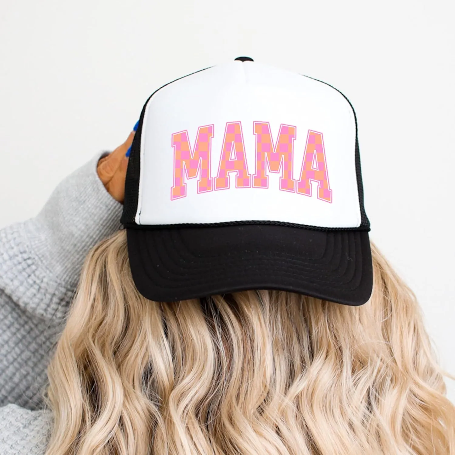 Mama Trucker Hat for Women Trendy Orange & Pink Checkered Foam Front Classic 5 Panel Mesh Snapback