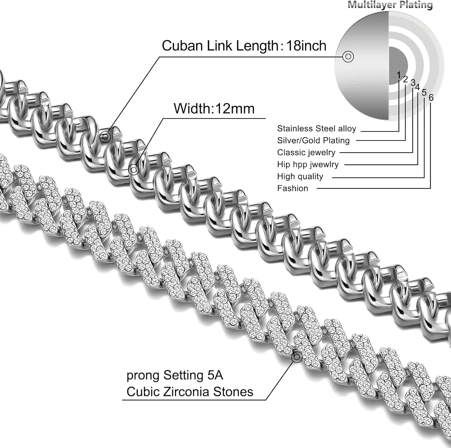 Mens and Womens Miami Cuban Link Chain Necklace 12mm Diamond Prong Cuban Chain 18/20/24inch Length Hip Hop Jewely