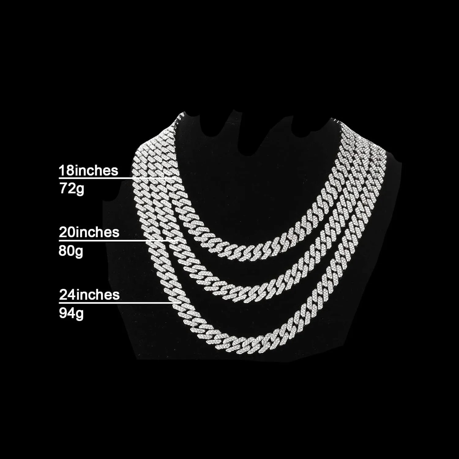 Mens and Womens Miami Cuban Link Chain Necklace 12mm Diamond Prong Cuban Chain 18/20/24inch Length Hip Hop Jewely