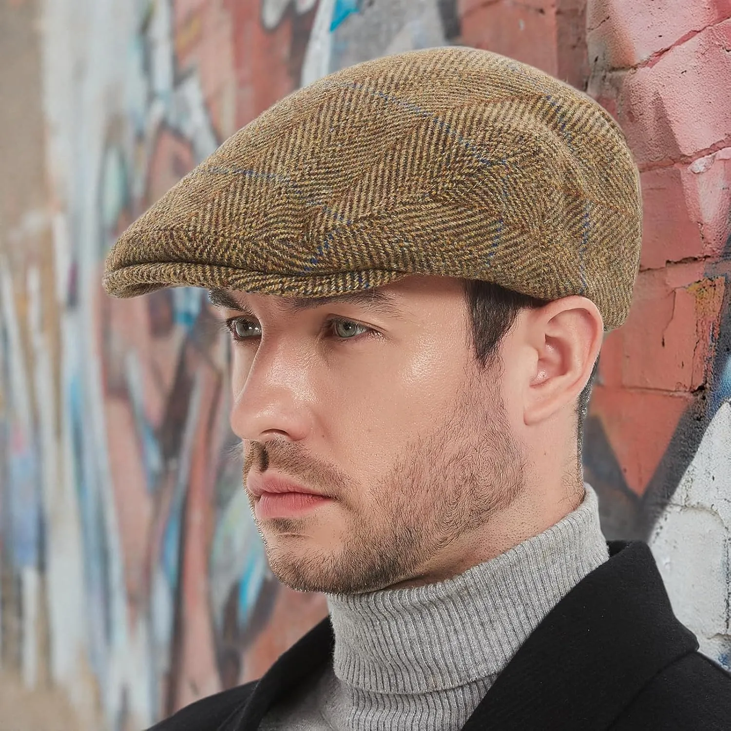 Men's Newsboy Caps,Classic Tweed Wool Blend Newsboy Ivy Hat Houndstooth/Herringbone/Checkered Flat Top Hat for Unisex