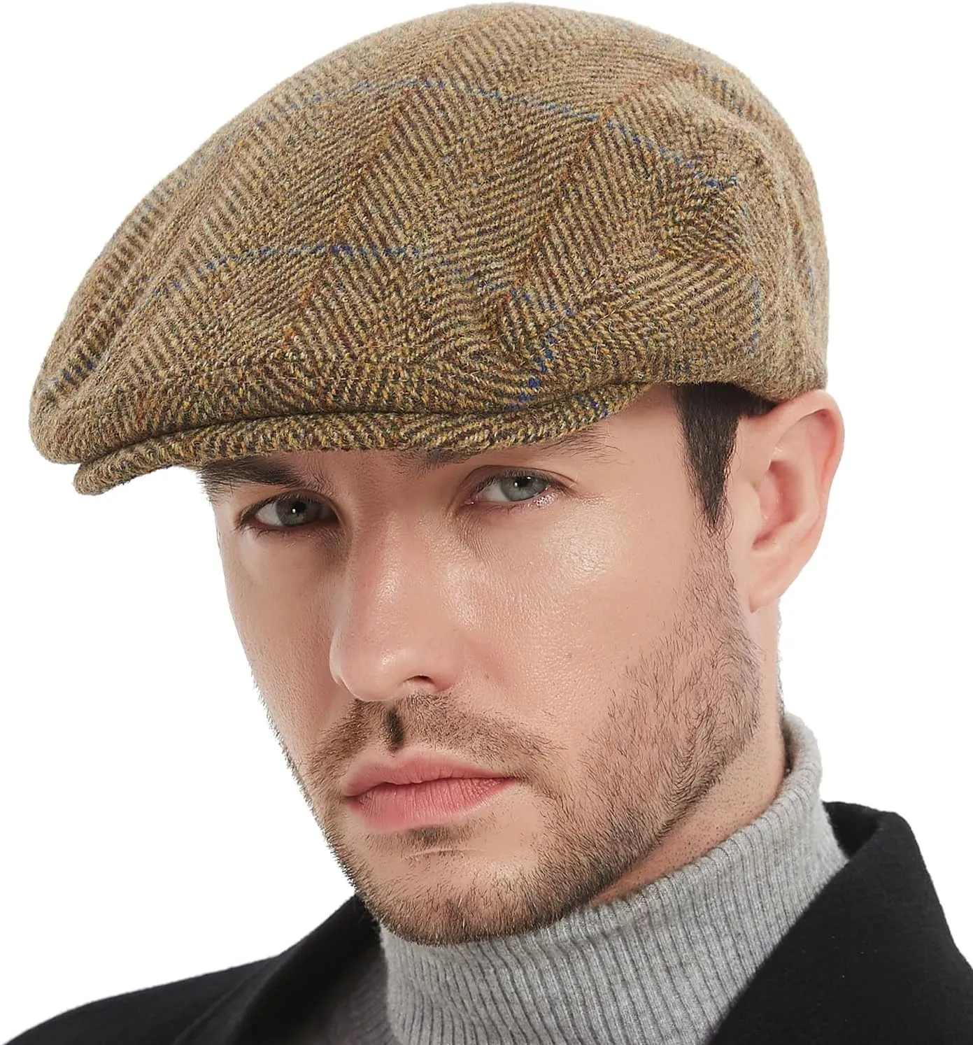 Men's Newsboy Caps,Classic Tweed Wool Blend Newsboy Ivy Hat Houndstooth/Herringbone/Checkered Flat Top Hat for Unisex