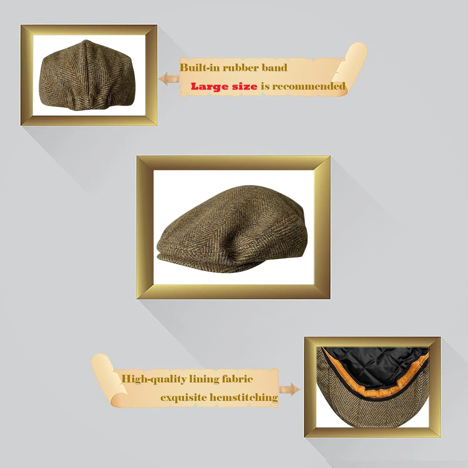 Men's Newsboy Caps,Classic Tweed Wool Blend Newsboy Ivy Hat Houndstooth/Herringbone/Checkered Flat Top Hat for Unisex