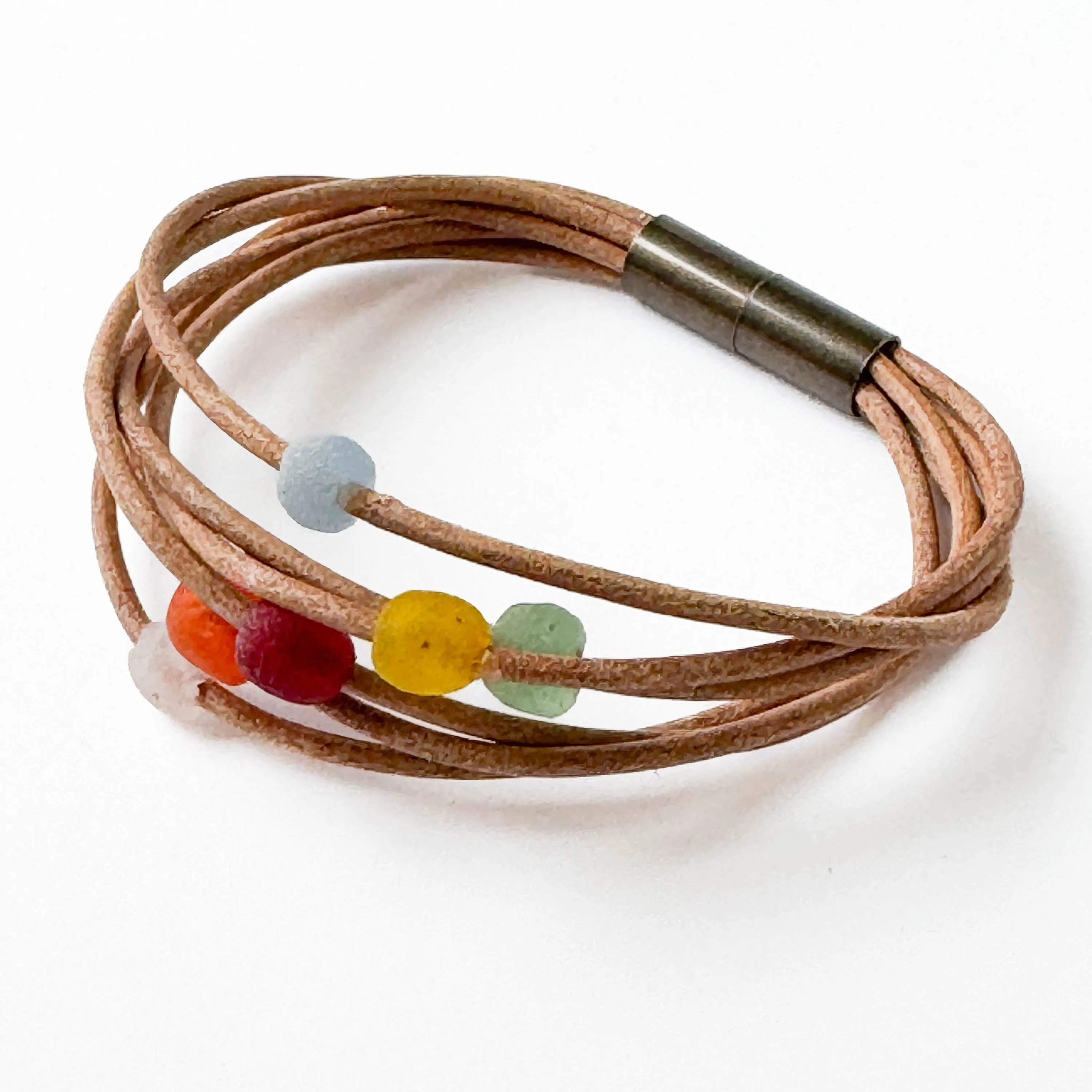 Natural Leather and Colorful Recycle Glass Beads