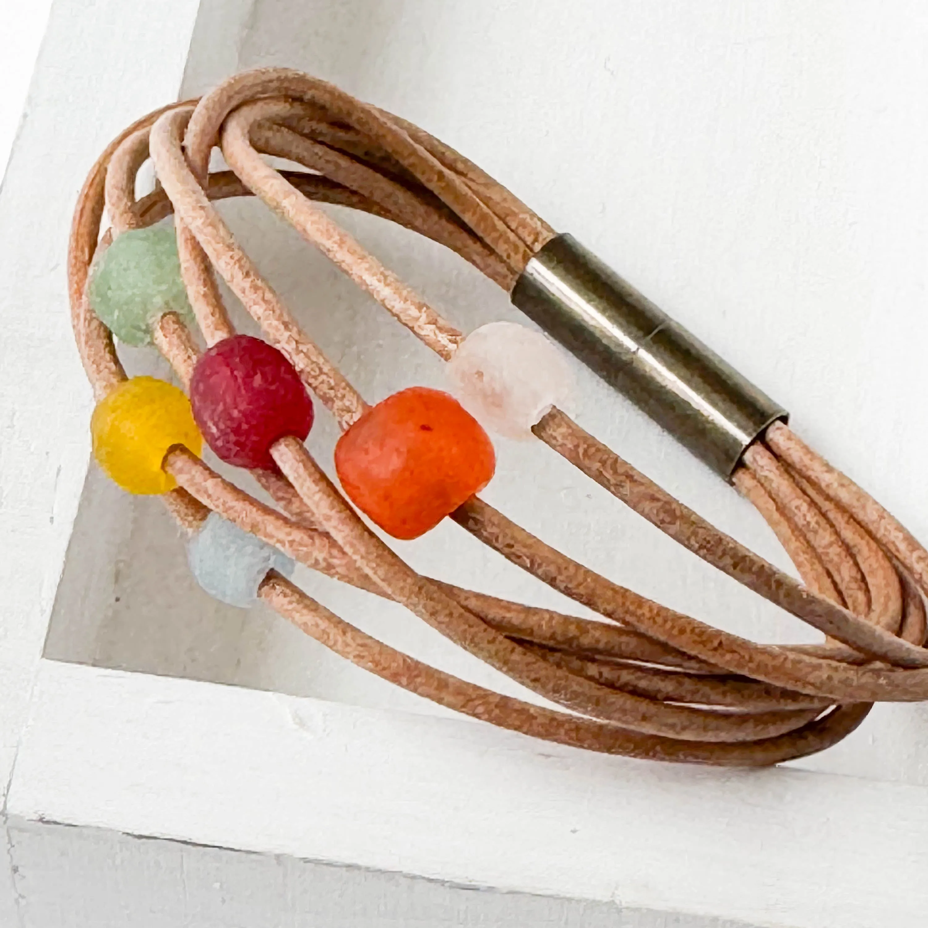 Natural Leather and Colorful Recycle Glass Beads