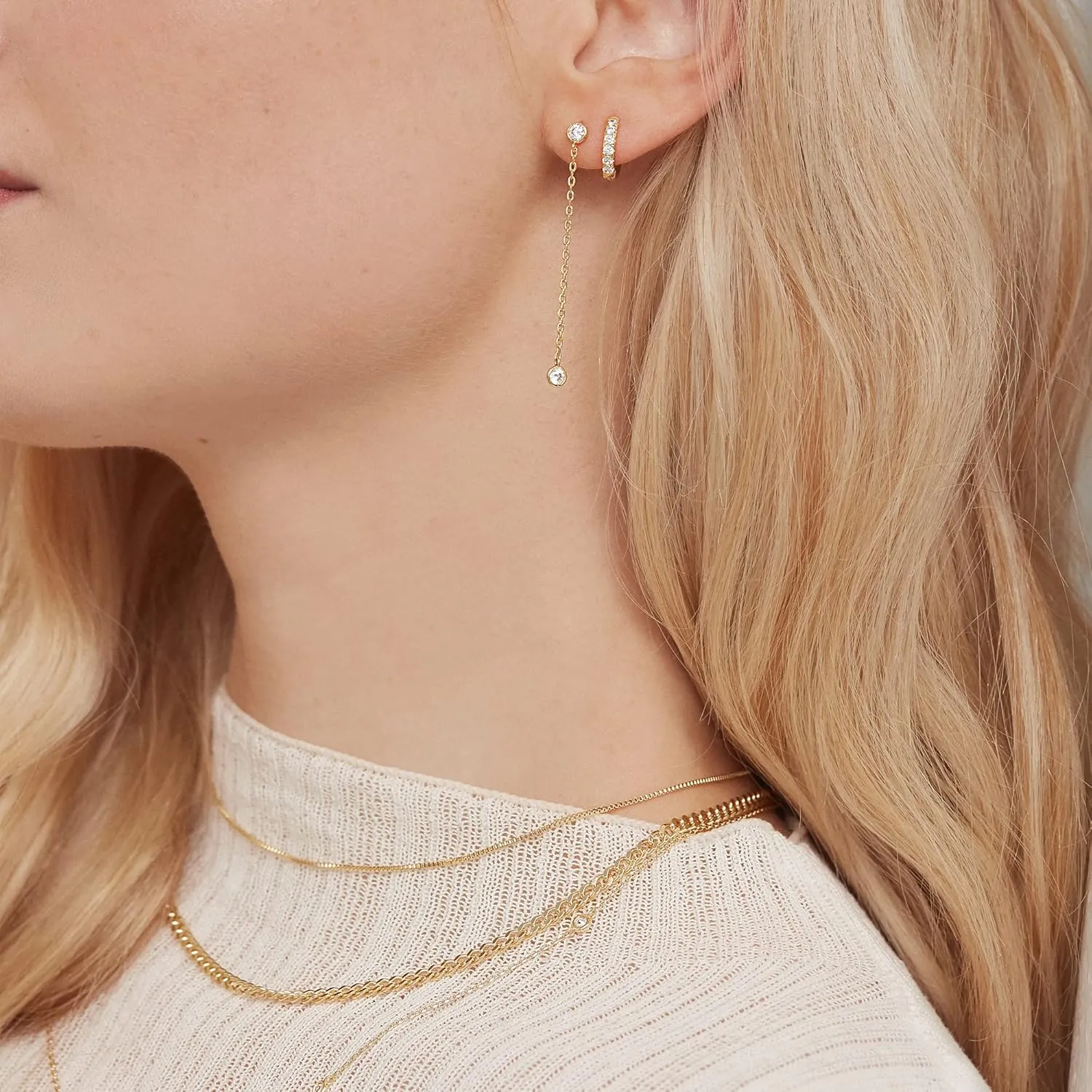 PAVOI 14K Gold Plated Sterling Silver Posts Station Linear Dangle Earrings for Women | Simulated Diamond Chain Drop Earrings
