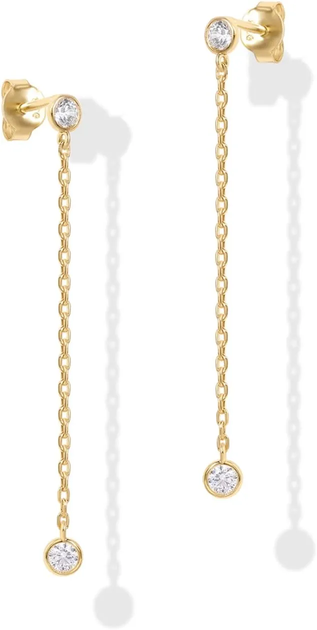 PAVOI 14K Gold Plated Sterling Silver Posts Station Linear Dangle Earrings for Women | Simulated Diamond Chain Drop Earrings