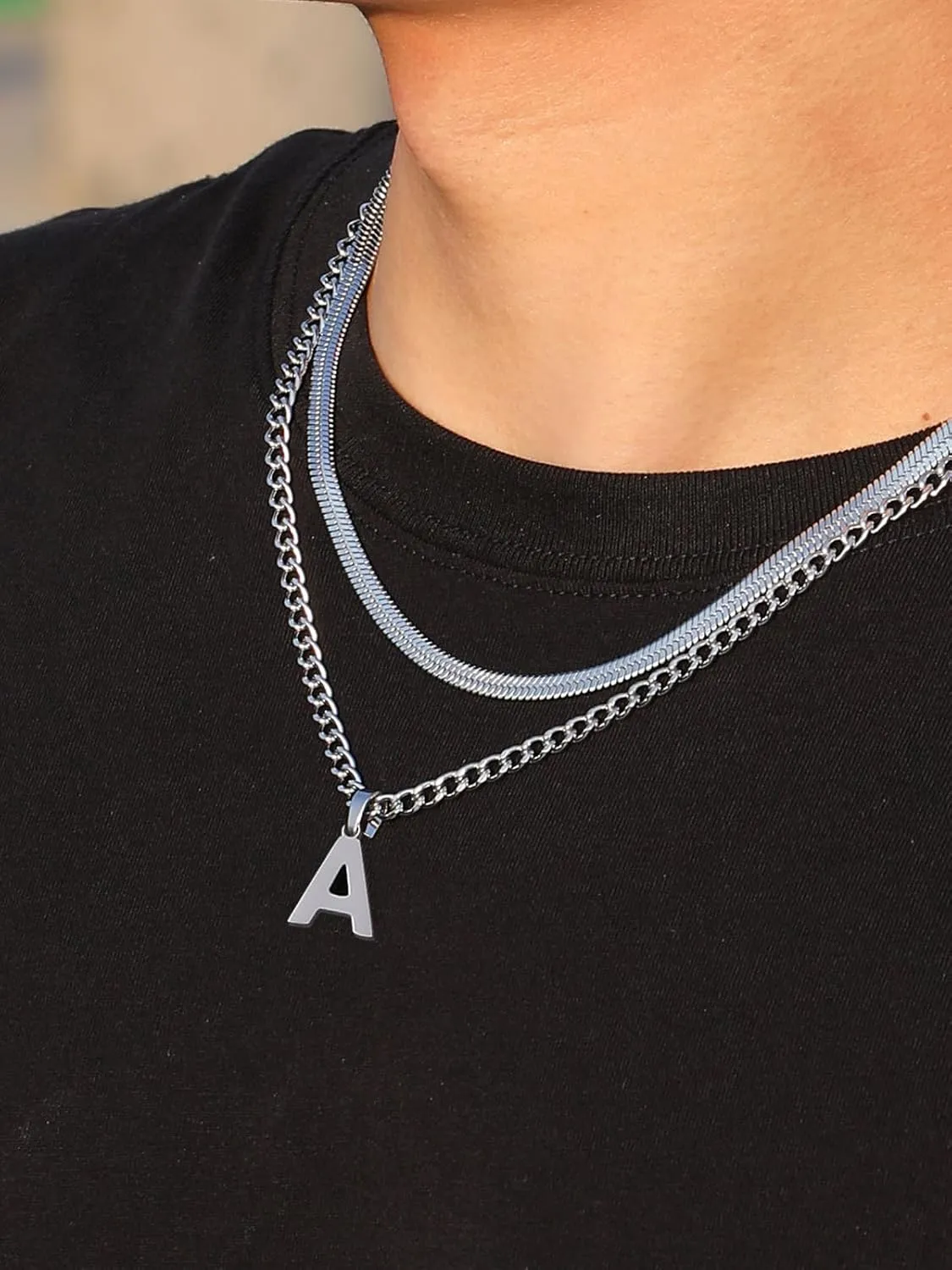 P.BLAKE Layered Initial A-Z Pendant Necklaces Graduation Gifts for Men Boys, Stainless Steel Letter Cuban Link Herringbone Chain Fashion Jewelry Gifts