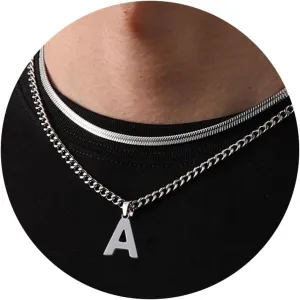 P.BLAKE Layered Initial A-Z Pendant Necklaces Graduation Gifts for Men Boys, Stainless Steel Letter Cuban Link Herringbone Chain Fashion Jewelry Gifts