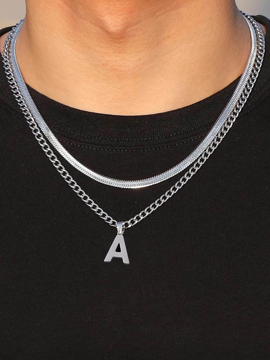 P.BLAKE Layered Initial A-Z Pendant Necklaces Graduation Gifts for Men Boys, Stainless Steel Letter Cuban Link Herringbone Chain Fashion Jewelry Gifts