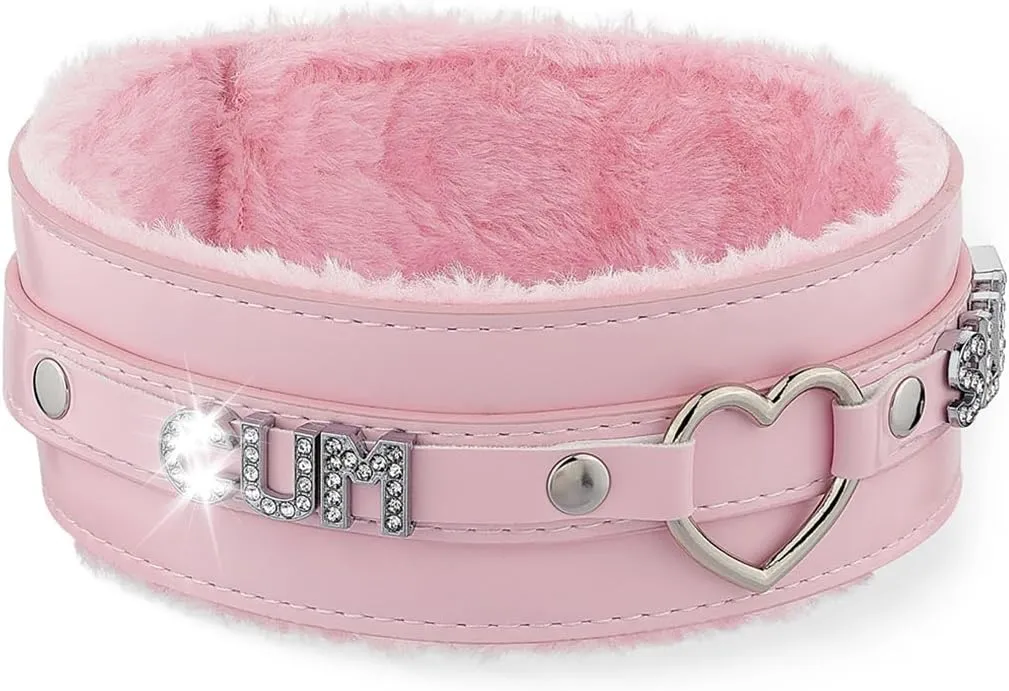 Pink Furry Heart O-ring Leather Choker Collar For Women, Handmade Punk Gothic Letter Necklace Adjustable Fashion Jewerly