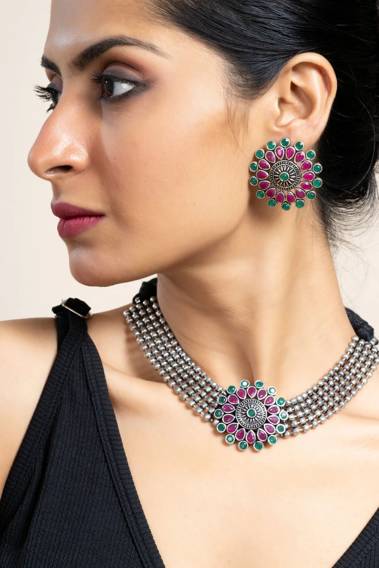 Pink Green Oxidized Silver Designer Choker Necklace Set with Stud Earrings for Stylish Women