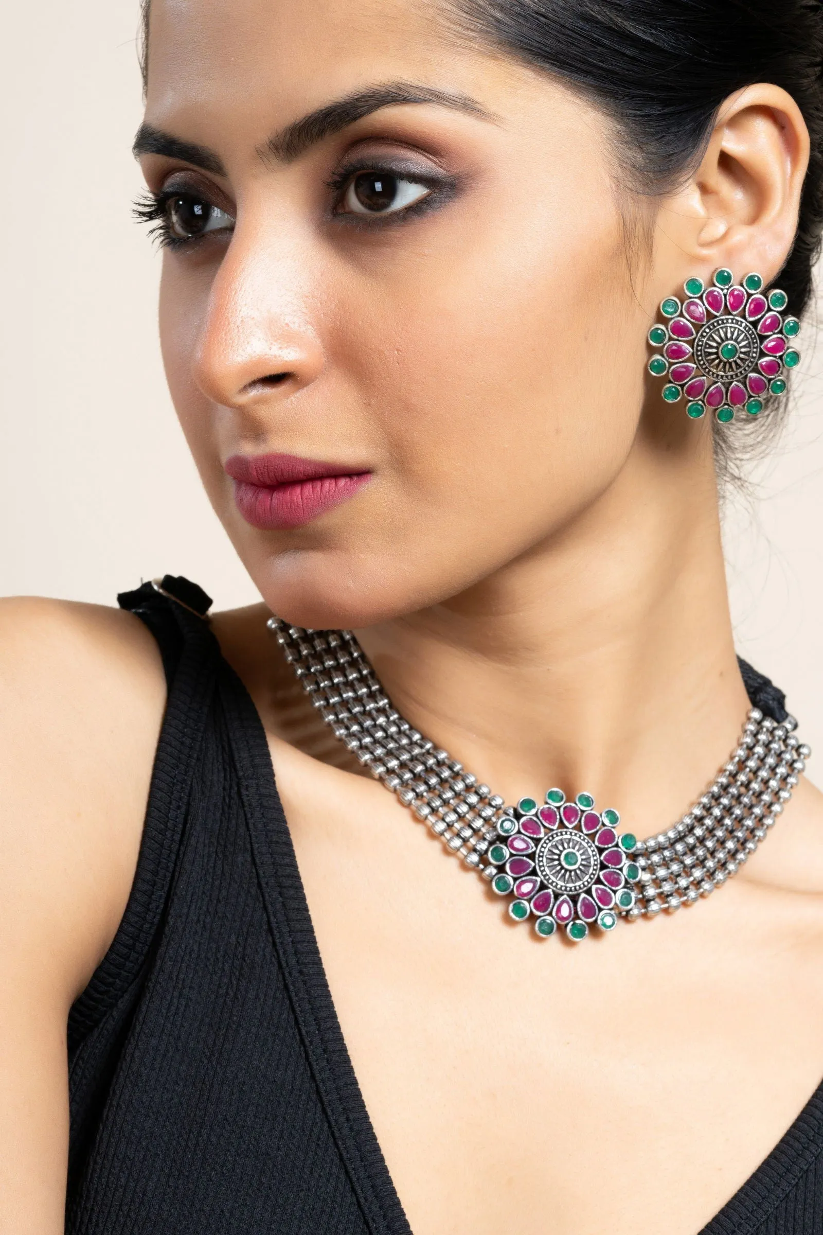 Pink Green Oxidized Silver Designer Choker Necklace Set with Stud Earrings for Stylish Women