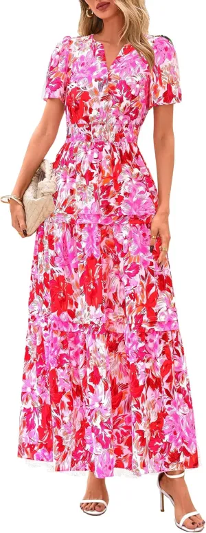 PRETTYGARDEN Women's 2025 Summer Boho Maxi Dresses Floral Short Sleeve V Neck A Line Tiered Flowy Long Beach Vacation Dress