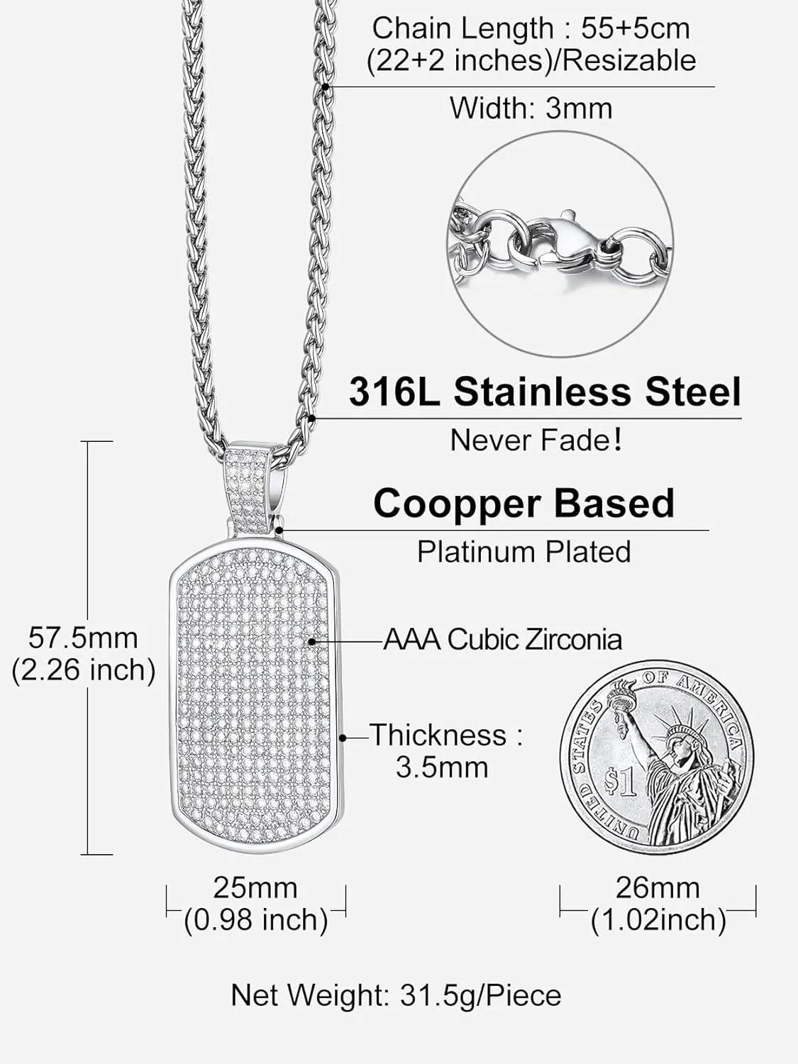 Richsteel Initial Pendant Necklace Letter 18K Gold/Silver Plated A-Z Cubic Zirconia Dog Tag Pendant Necklace for Men Women Thanksgiving Christmas Gift