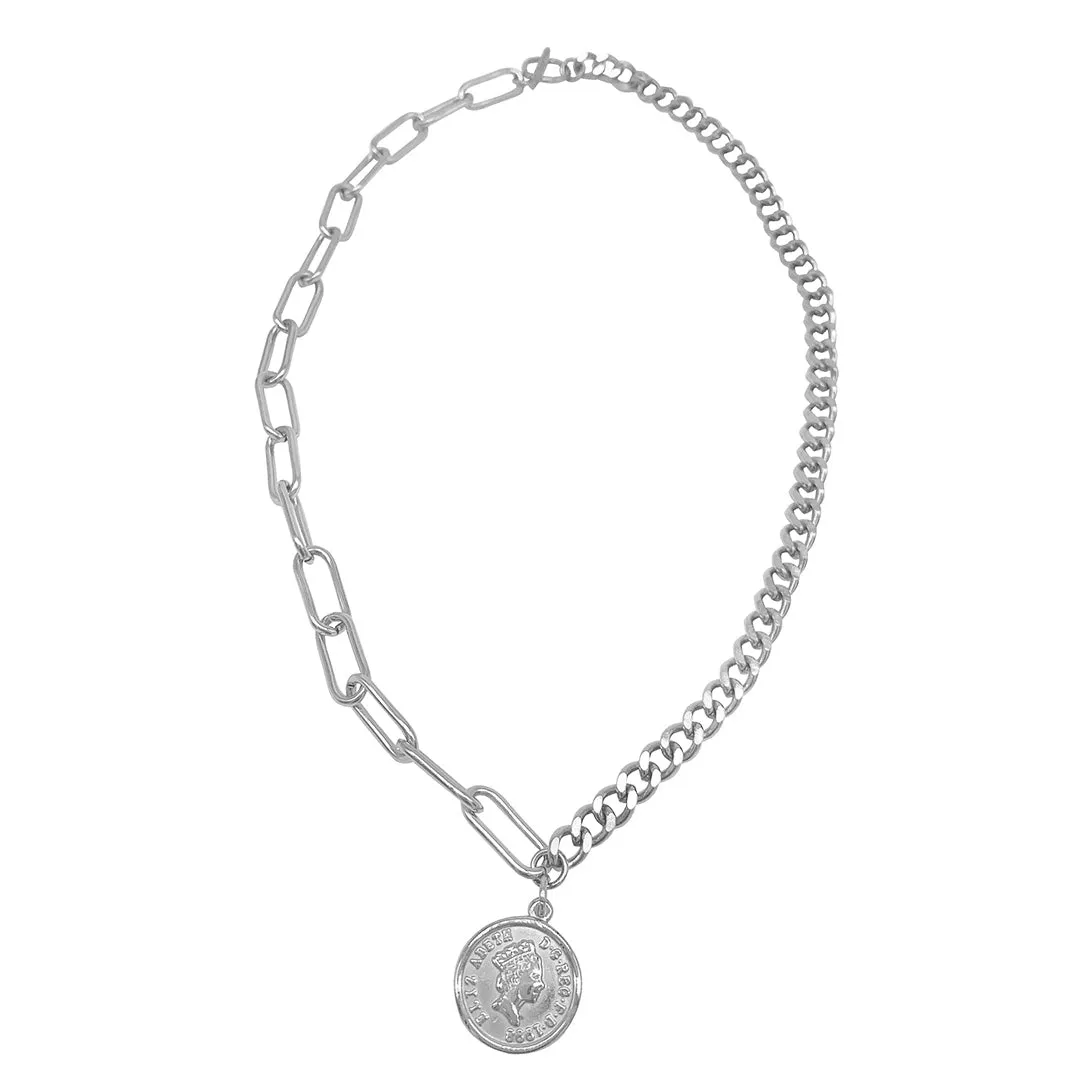 Tarnish Resistant Rhodium Plated Coin Mixed Chain Necklace