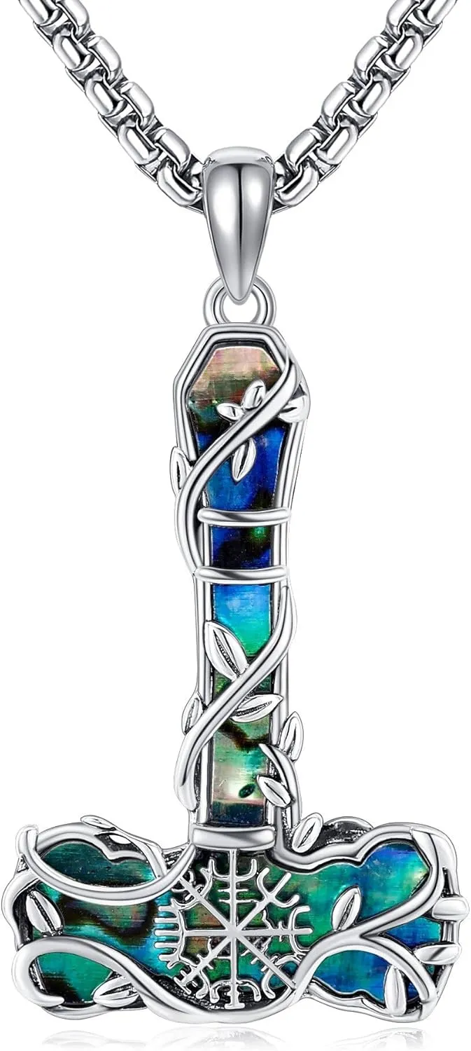Thors Hammer Necklace 925 Sterling Silver Abalone Shell Nordic Mjolnir Amulet Pendant Necklace Viking Jewelry for Women Men