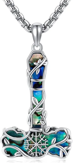 Thors Hammer Necklace 925 Sterling Silver Abalone Shell Nordic Mjolnir Amulet Pendant Necklace Viking Jewelry for Women Men