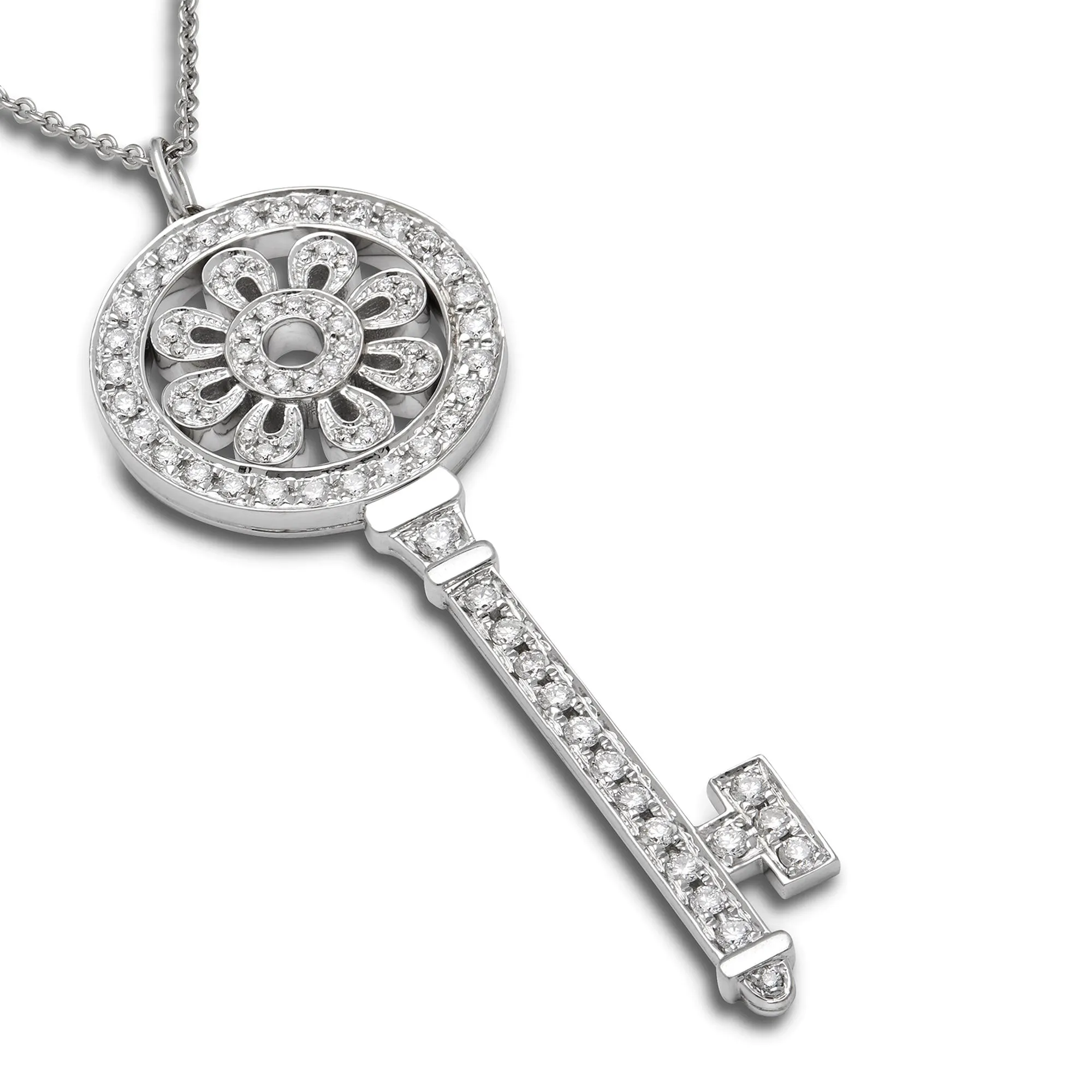 Tiffany & Co. White Gold Diamond Large Petal Key Pendant And Chain