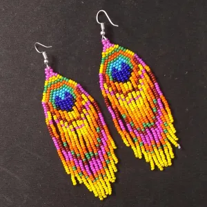 Weavish Long Beaded Dangle Earrings  Boho Native Handmade Seed Bead Tassel Earrings, Bohemian Large Statement Beaded Drop Fringe Earrings for Women