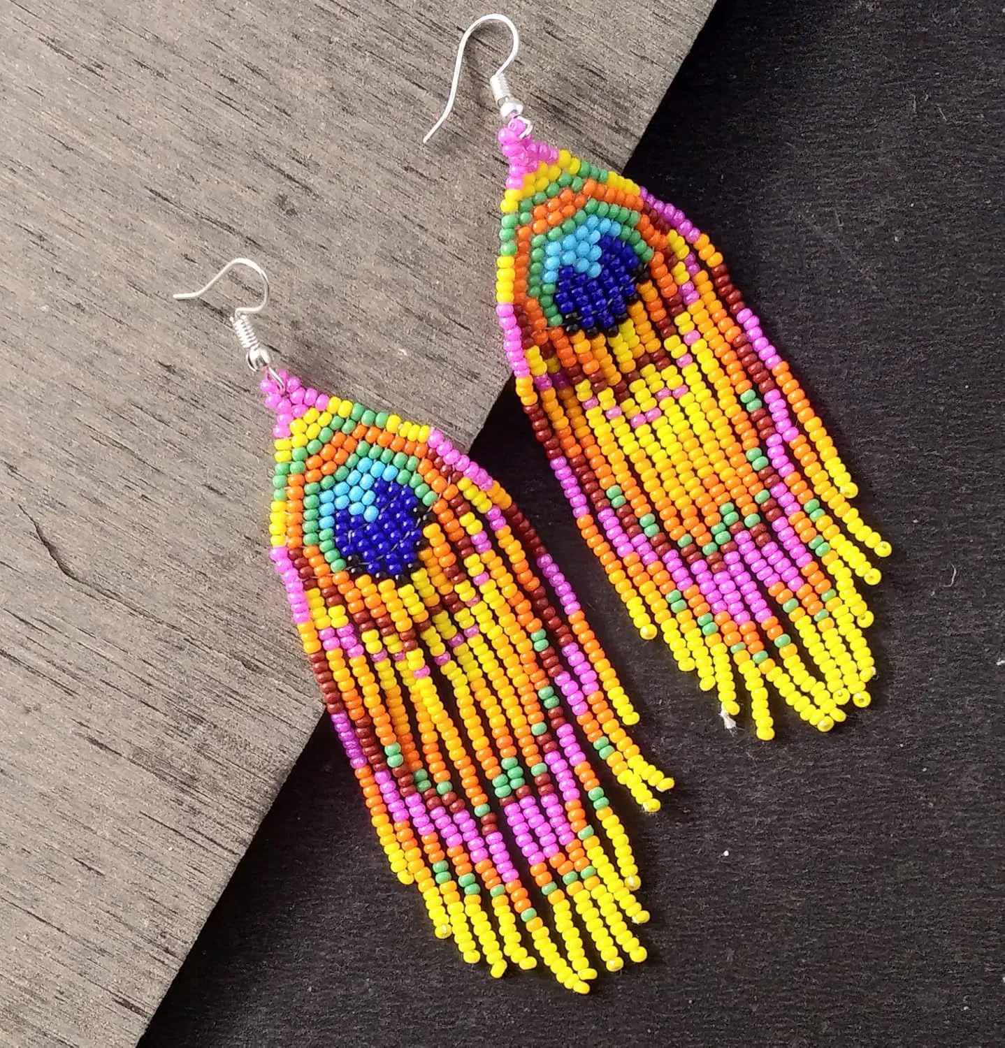 Weavish Long Beaded Dangle Earrings  Boho Native Handmade Seed Bead Tassel Earrings, Bohemian Large Statement Beaded Drop Fringe Earrings for Women