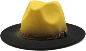 Wide Brim Fedora Hat, Two-Tone Orange and Black, Leather Belt Buckle Accent