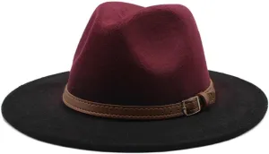 Wide Brim Fedora Hat, Two-Tone Orange and Black, Leather Belt Buckle Accent