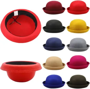 Women Men Classic-Wool-Bowel Hats Roll-up Brim Black Fedora Cap Fall Bell Round Caps for Women (Black, One Size)