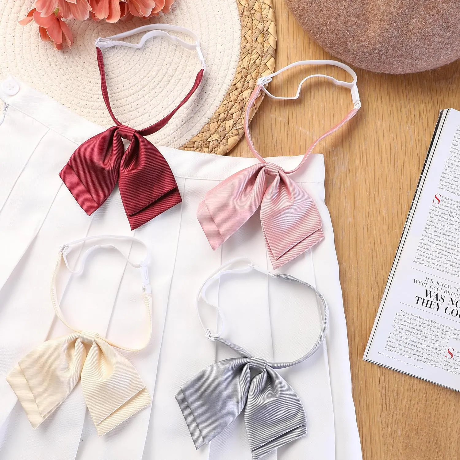Women's Bowtie Satin Adjustable Pre-Tied Double Layer Collar Bow Ties for Uniform Shirt