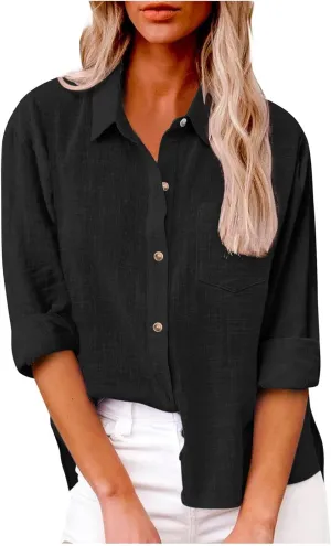 Womens Cotton Linen Button Down Shirt 2025 Fall Casual Long Sleeve Solid Color Shirts Loose Tops with Pockets