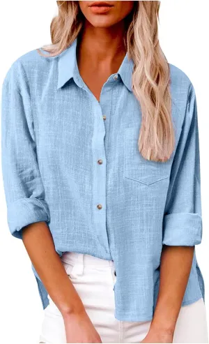 Womens Cotton Linen Button Down Shirt 2025 Fall Casual Long Sleeve Solid Color Shirts Loose Tops with Pockets