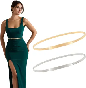 XZQTIVE Women Skinny Metal Chain Waist Belt Stretchy Saree Cinch Belt for Dress Gold Sliver