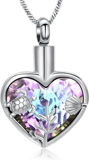 Yinplsmemory Sea Turtle Urn Necklaces for Ashes for Women Men Stainless Steel Crystal Heart Urn Locket Pendant Keepsake Memorial Cremation Jewelry